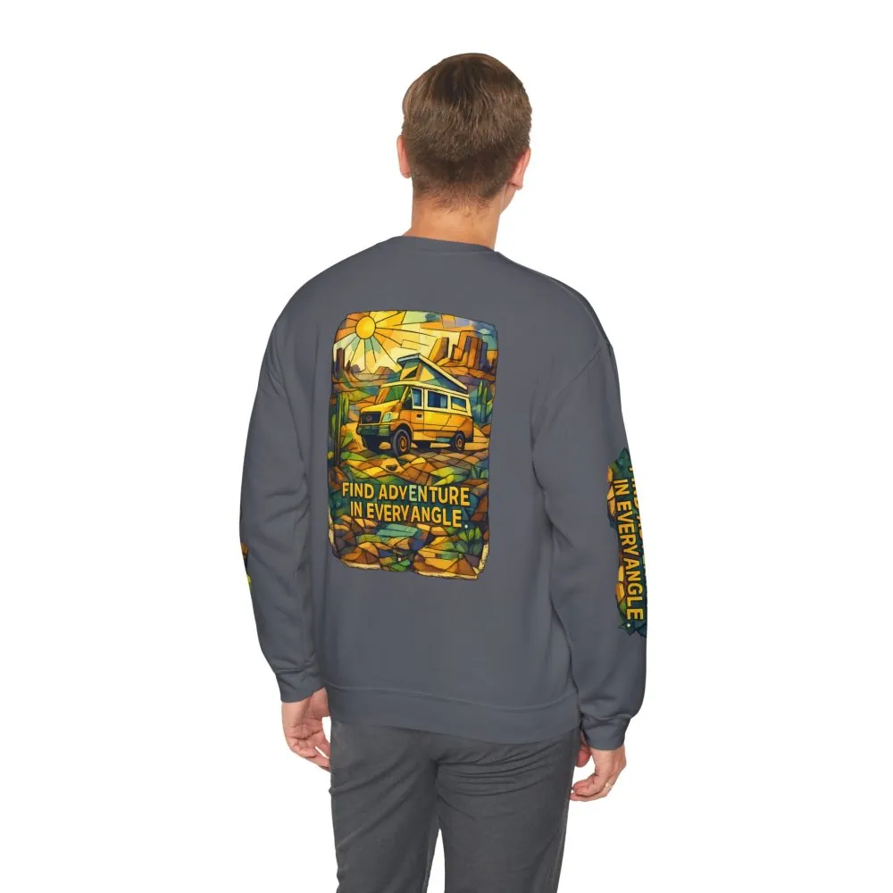 Unisex Heavy Blend™ Crewneck Sweatshirt — "Find Adventure In Every Corner" Design Cubic-Line
