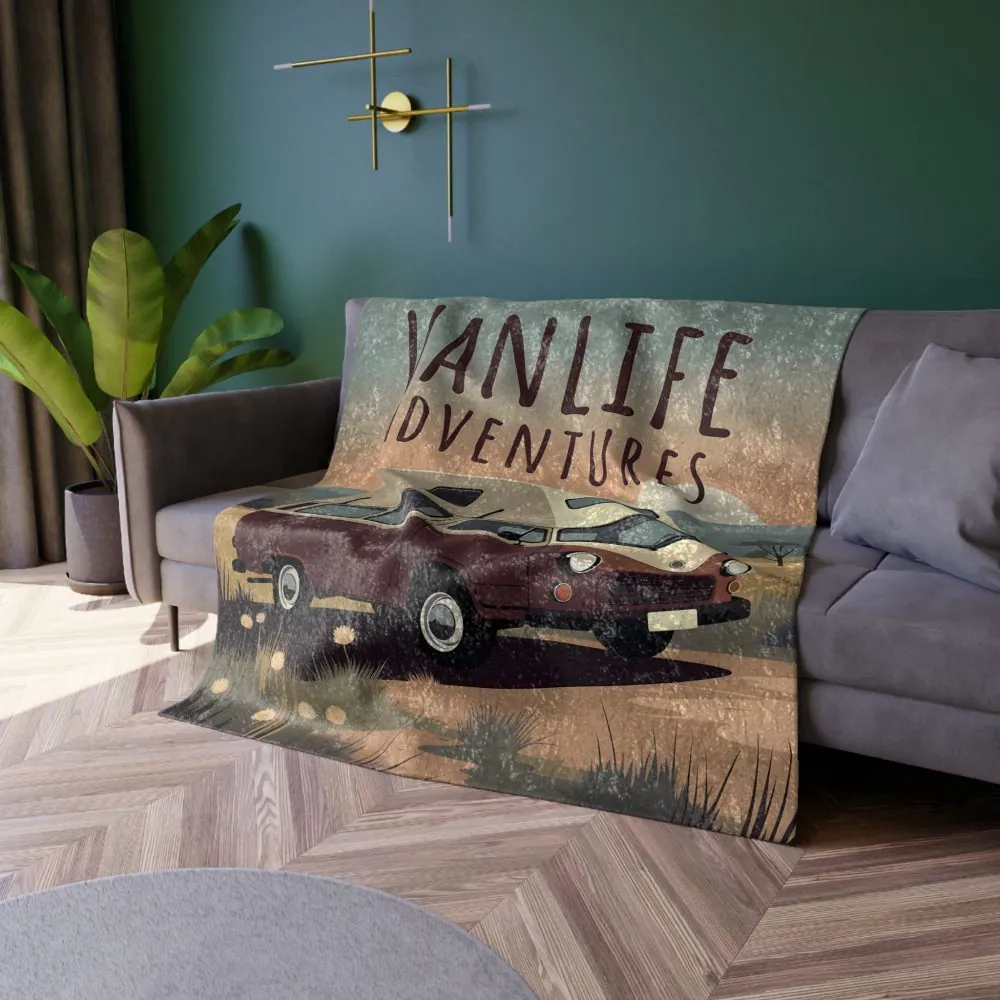 Crushed Velvet Blanket – "Vanlife Adventures" Retro Camper Van Cozy Throw