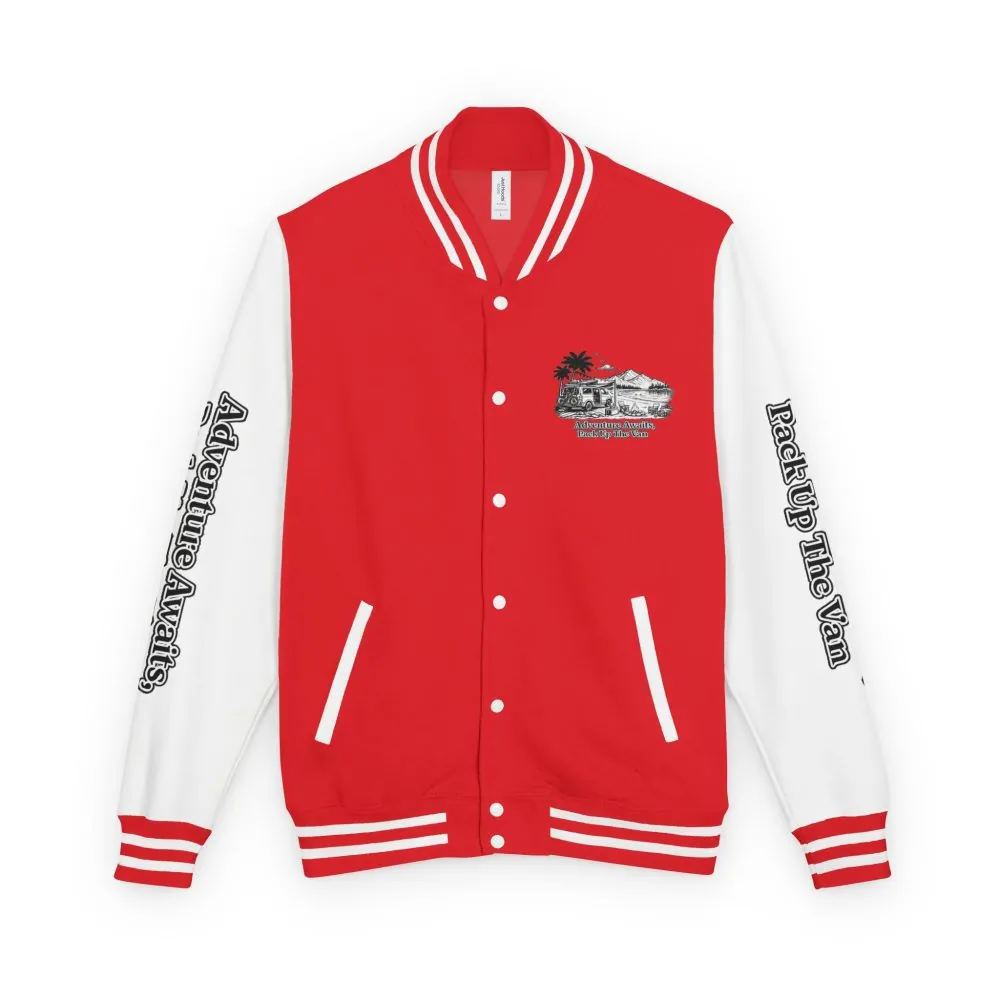 Unisex Heavyweight Letterman Jacket — "Adventure Awaits,Pack Up The Van" Travel Varsity Coat