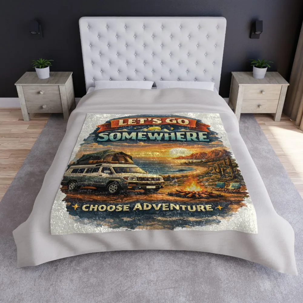 Crushed Velvet Blanket —"Lets Go Somewhere" Design Scenic-Line (Campervan)