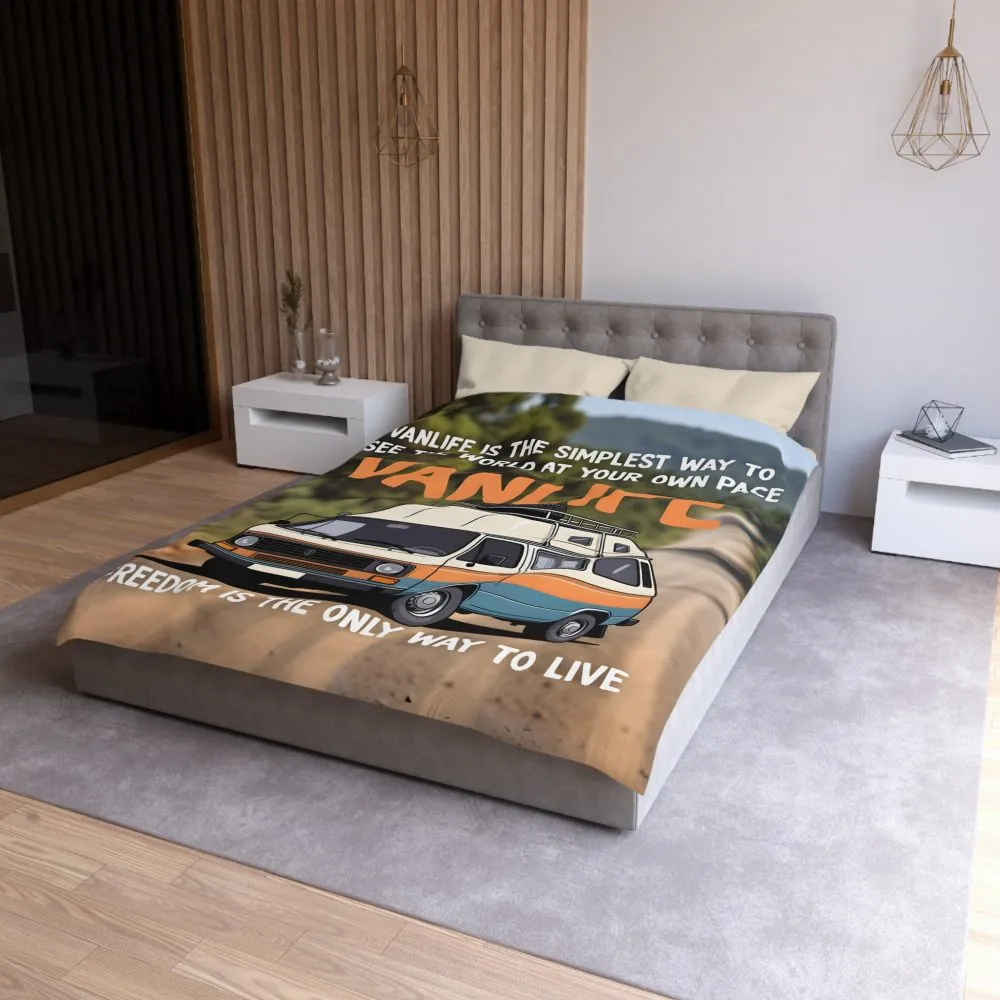 Duvet Cover — "Vanlife freedom is the only way to live" Retro Camper Van Freedom Bedding