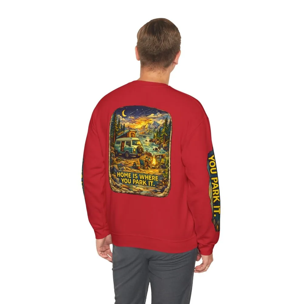 Unisex Heavy Blend™ Crewneck Sweatshirt — "Home Is Where You Park It" Design Cubic-Line