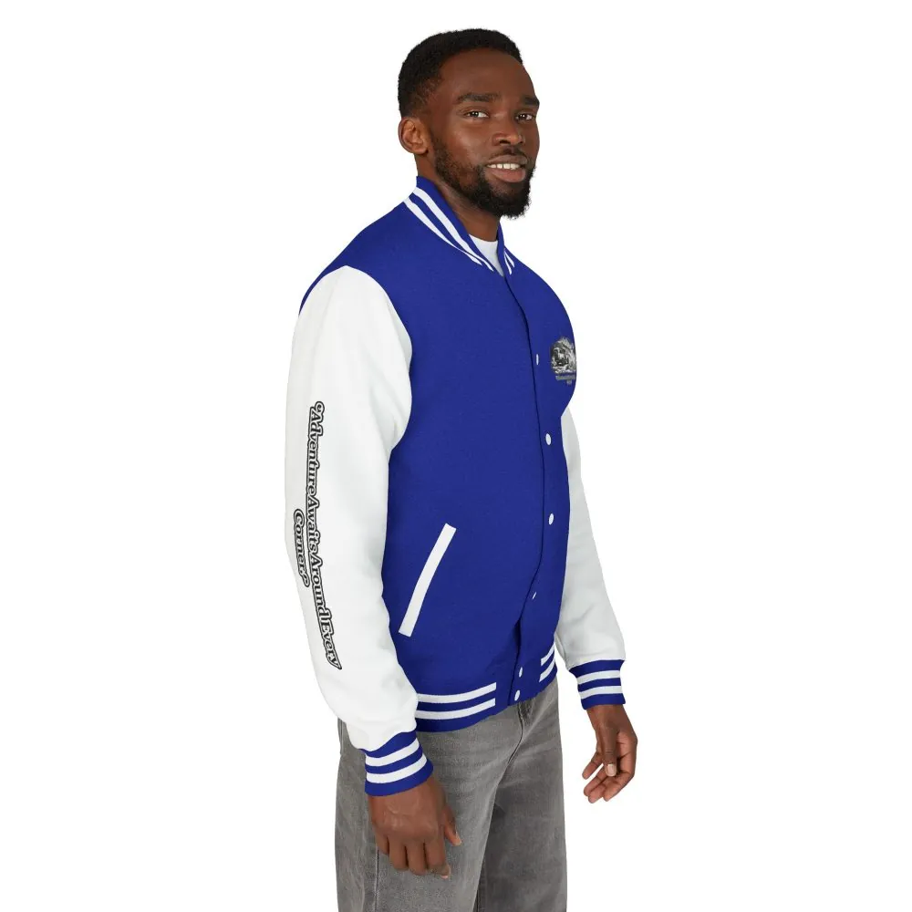 Unisex Heavyweight Letterman Jacket — "Adventure Awaits Around Every Corner" Travel Varsity Coat