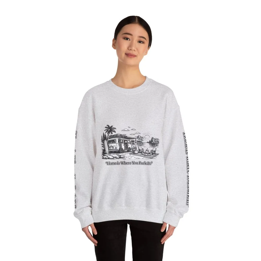 Unisex Heavy Blend™ Crewneck Sweatshirt — "Home Is Where You Park It" Design Minimal-Line