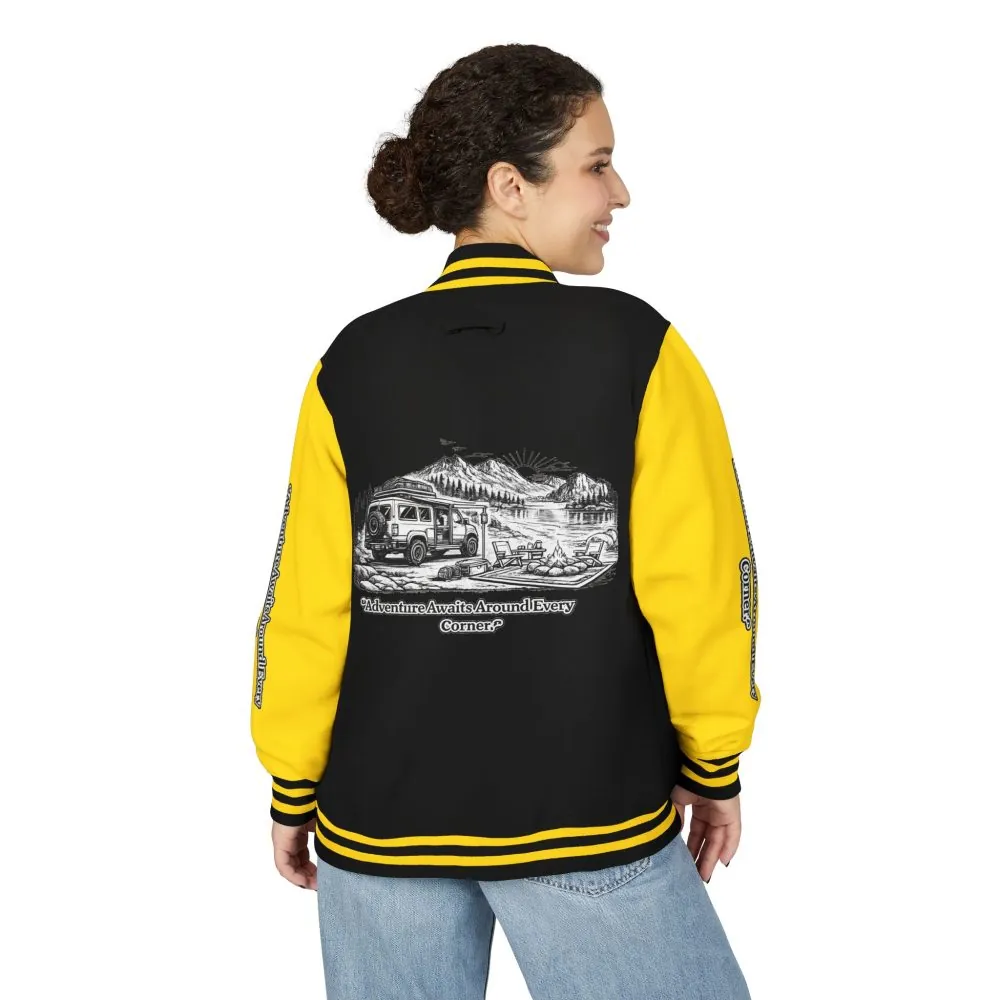 Unisex Heavyweight Letterman Jacket — "Adventure Awaits Around Every Corner" Travel Varsity Coat