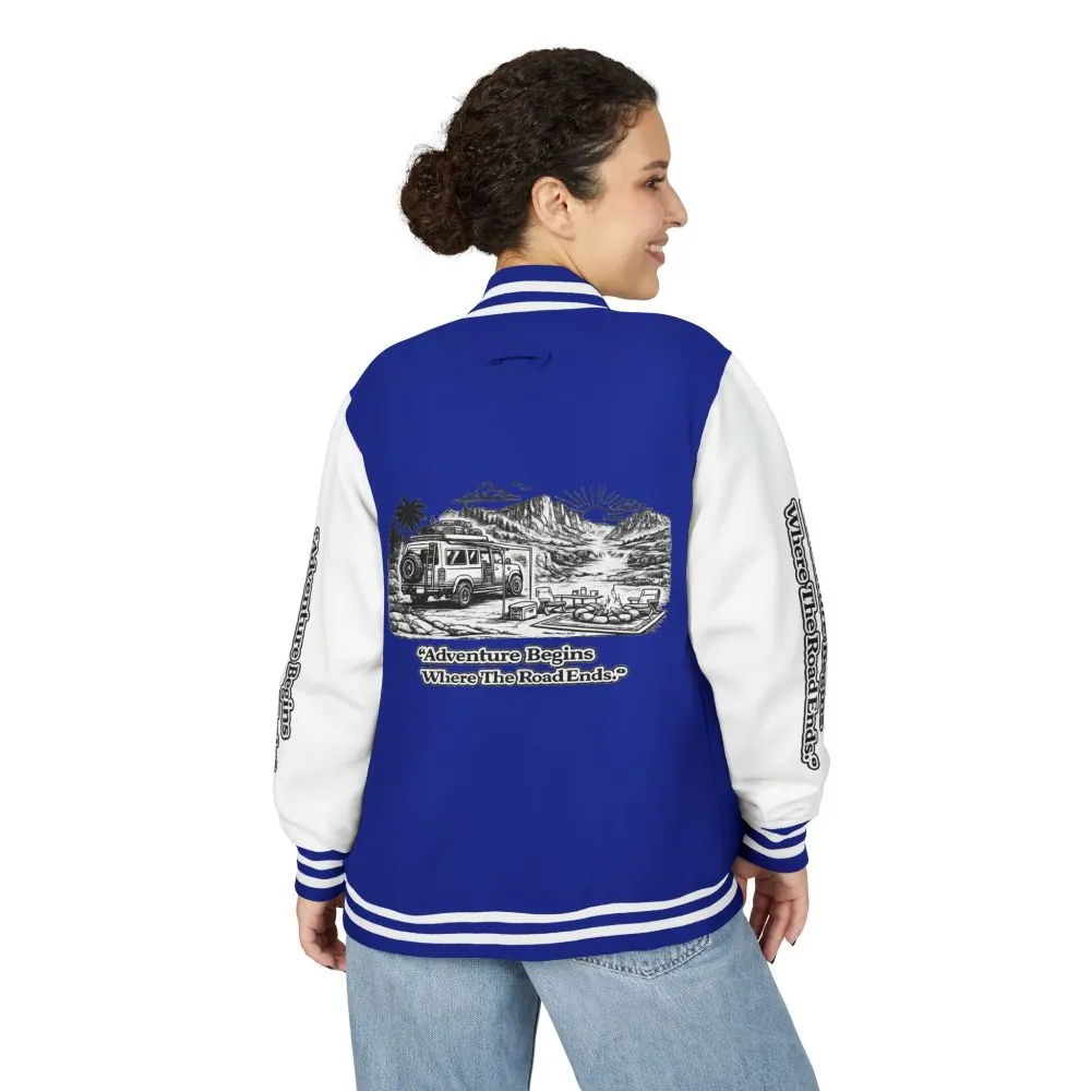 Unisex Heavyweight Letterman Jacket — "Adventure Begins Where The Road Ends" Travel Varsity Coat