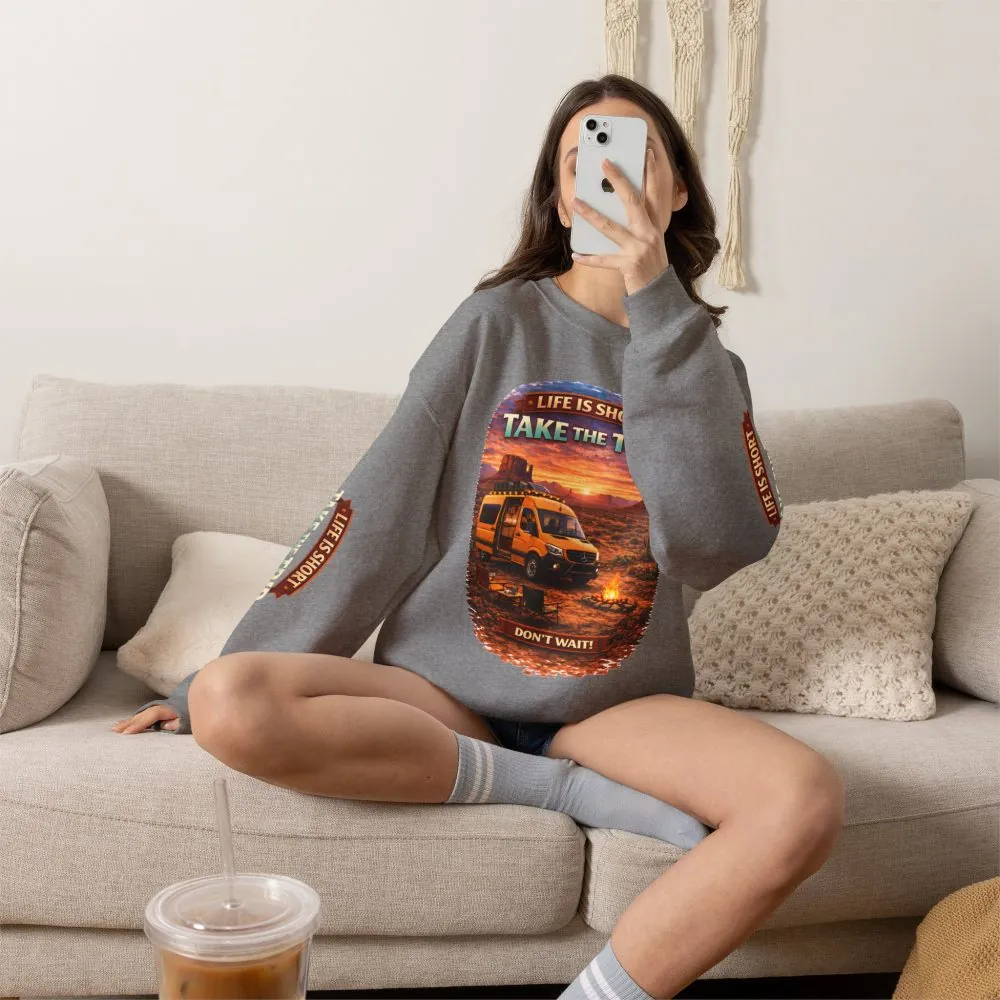 Unisex Heavy Blend™ Crewneck Sweatshirt — "Live Is Short Take The Trip" Design Scenic-Line