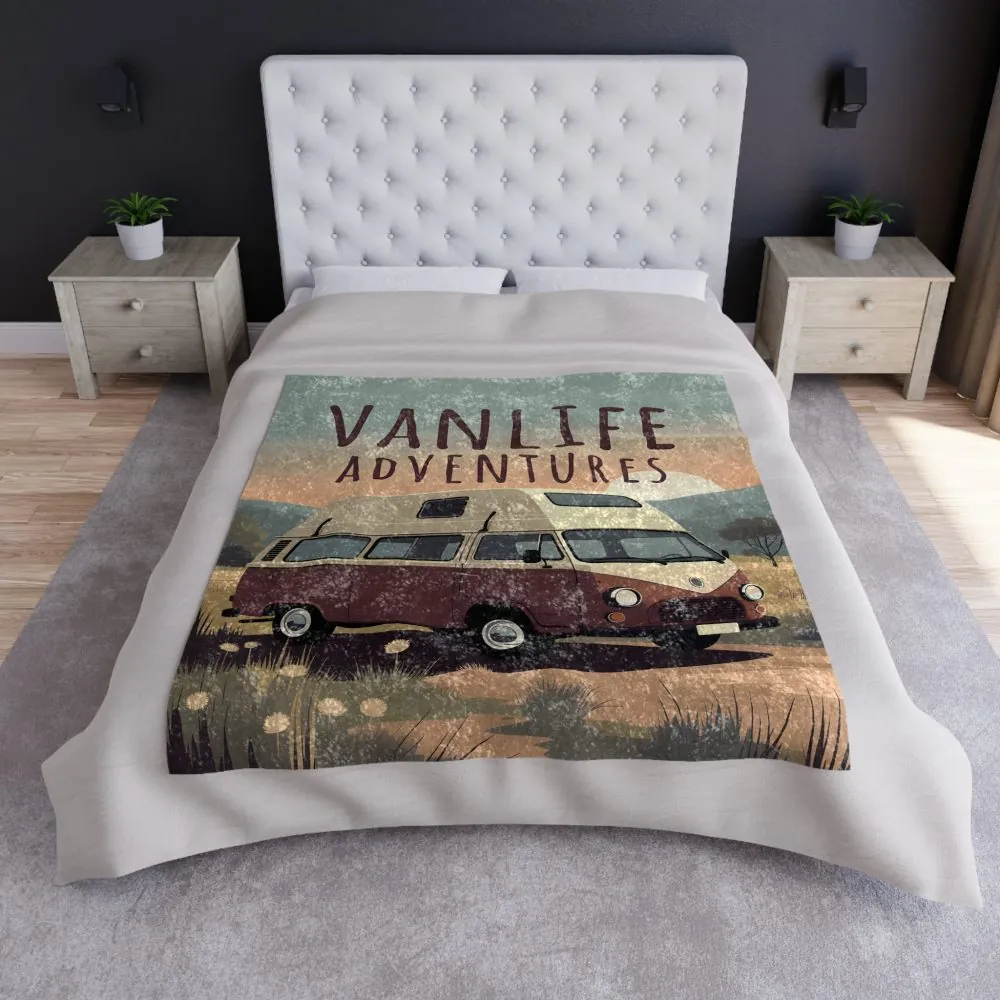 Crushed Velvet Blanket – "Vanlife Adventures" Retro Camper Van Cozy Throw