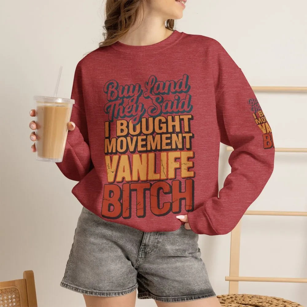 Unisex Heavy Blend™ Crewneck Sweatshirt — "Buy Land They Said" Design F**K-Line
