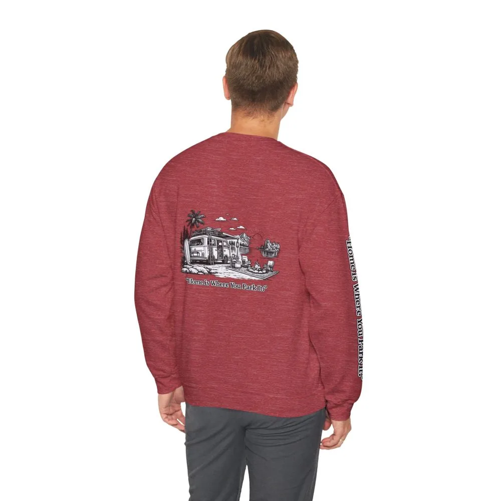 Unisex Heavy Blend™ Crewneck Sweatshirt — "Home Is Where You Park It" Design Minimal-Line