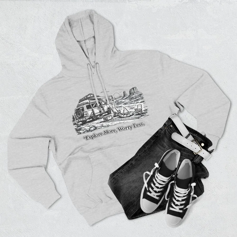 Three-Panel Fleece Hoodie - "Explore More Worry Less" Design Minimal-Line