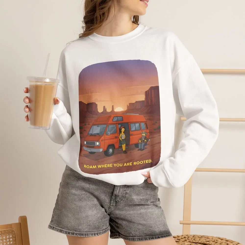 Unisex Heavy Blend™ Crewneck Sweatshirt — "Roam Where You Are Rooted" Design Sitcom-Line