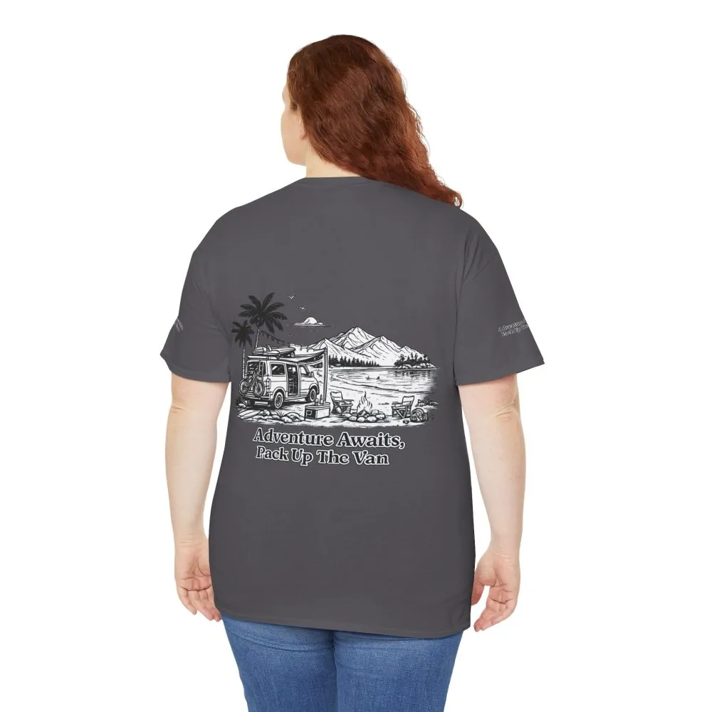 Unisex Heavy Cotton Tee — "Adventure Awaits,Pack Up The Van" Design Minimal-Line