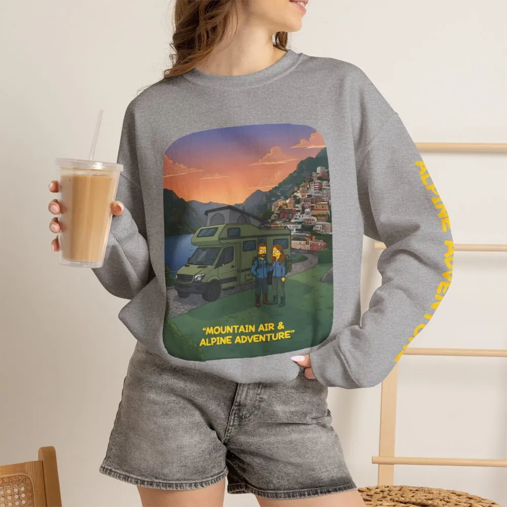Unisex Heavy Blend™ Crewneck Sweatshirt — "Mountain Air And Alpine Adventure"" Design Sitcom-Line