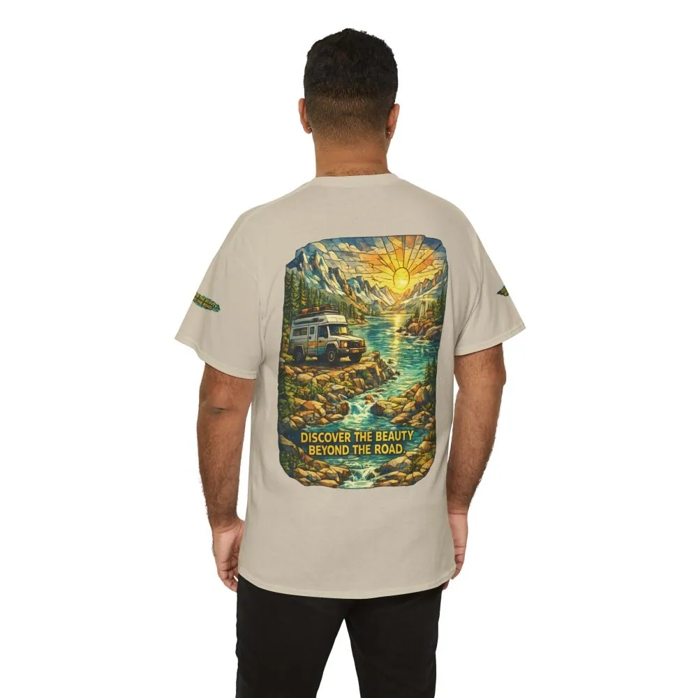 Unisex Heavy Cotton Tee — "Discover The Bieuty Beyond The Road" Design Cubic-Line