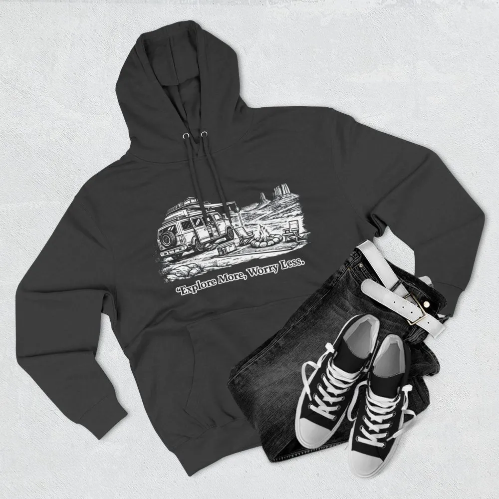 Three-Panel Fleece Hoodie - "Explore More Worry Less" Design Minimal-Line