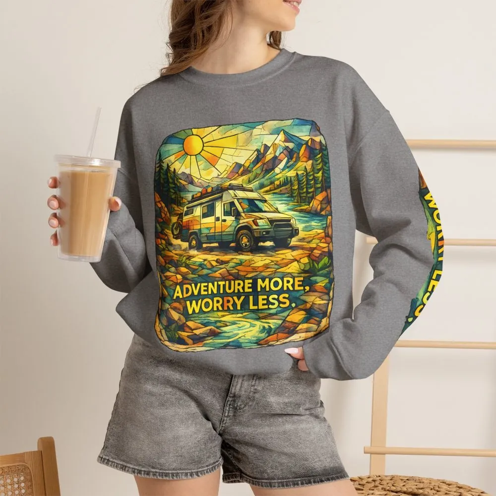 Unisex Heavy Blend™ Crewneck Sweatshirt — "Adventure More Worry Less" Design Cubic-Line