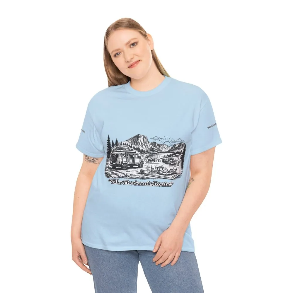 Unisex Heavy Cotton Tee — "Take The Scenic Route" Design Minimal-Line