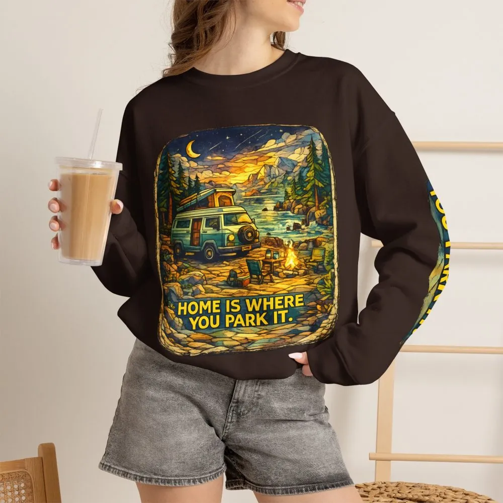 Unisex Heavy Blend™ Crewneck Sweatshirt — "Home Is Where You Park It" Design Cubic-Line