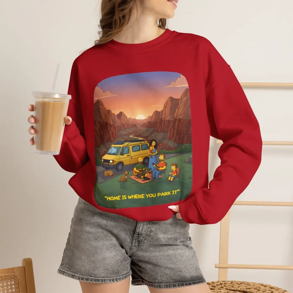 Unisex Heavy Blend™ Crewneck Sweatshirt — "Home Is Where You Park It" Design Sitcom-Line