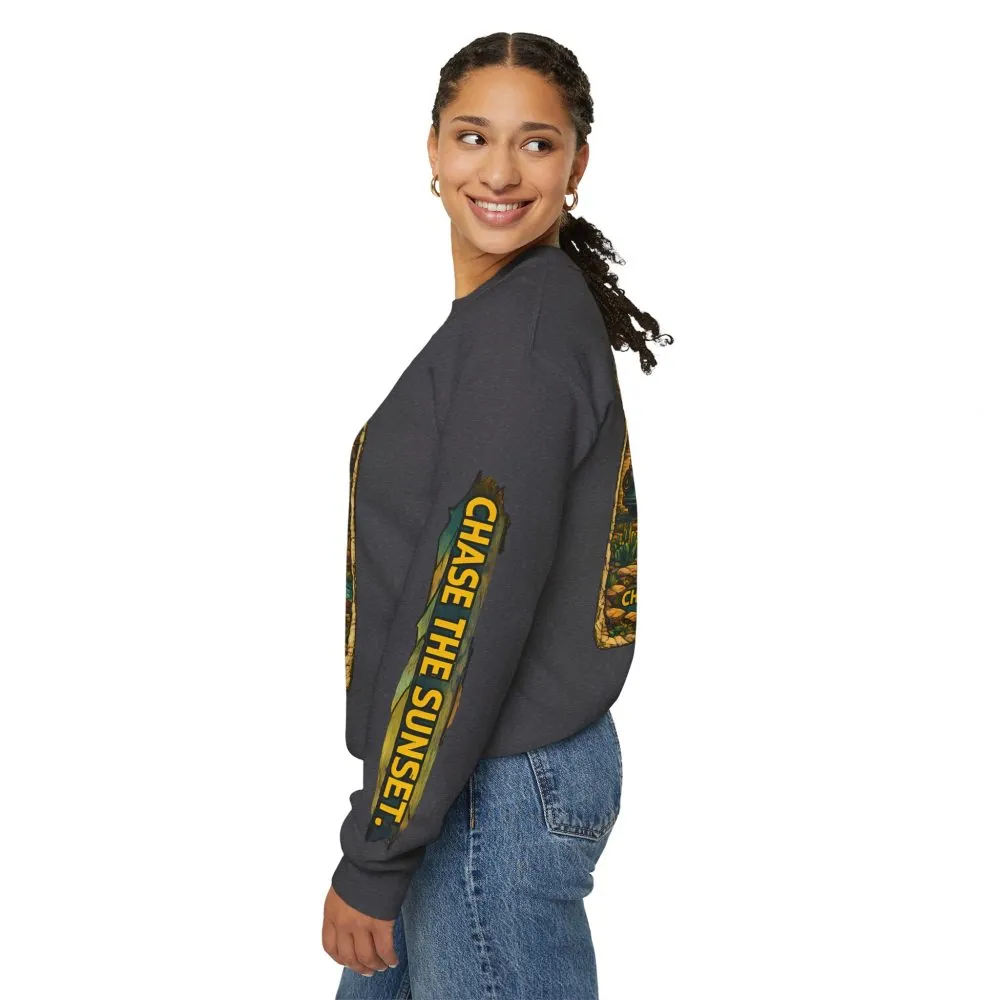 Unisex Heavy Blend™ Crewneck Sweatshirt — "Chase The Sunset" Design Cubic-Line