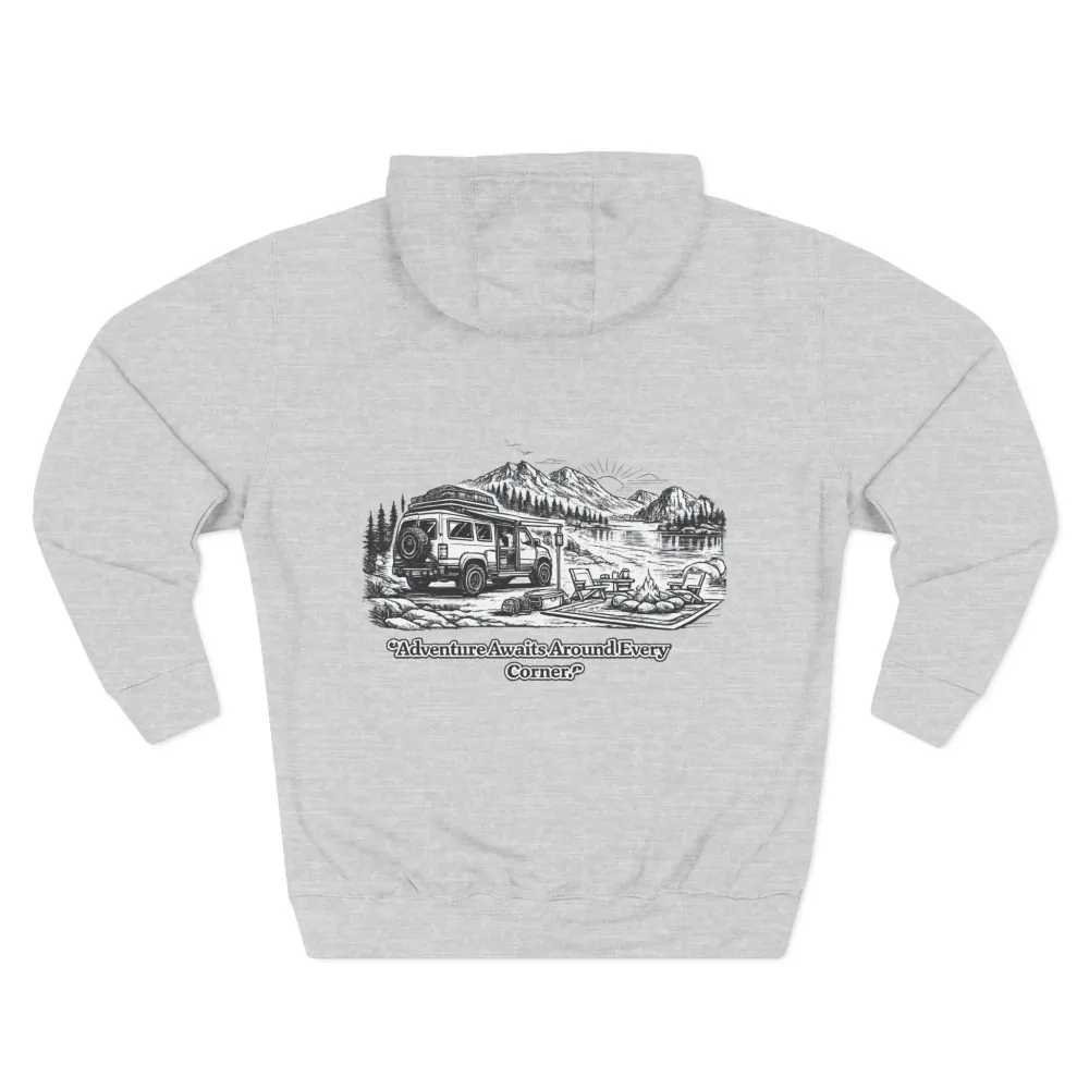 10449765581194861103_2048.jpeg Three-Panel Fleece Hoodie - "Adventure Awaits Around Every Corner" Design Minimal-Line