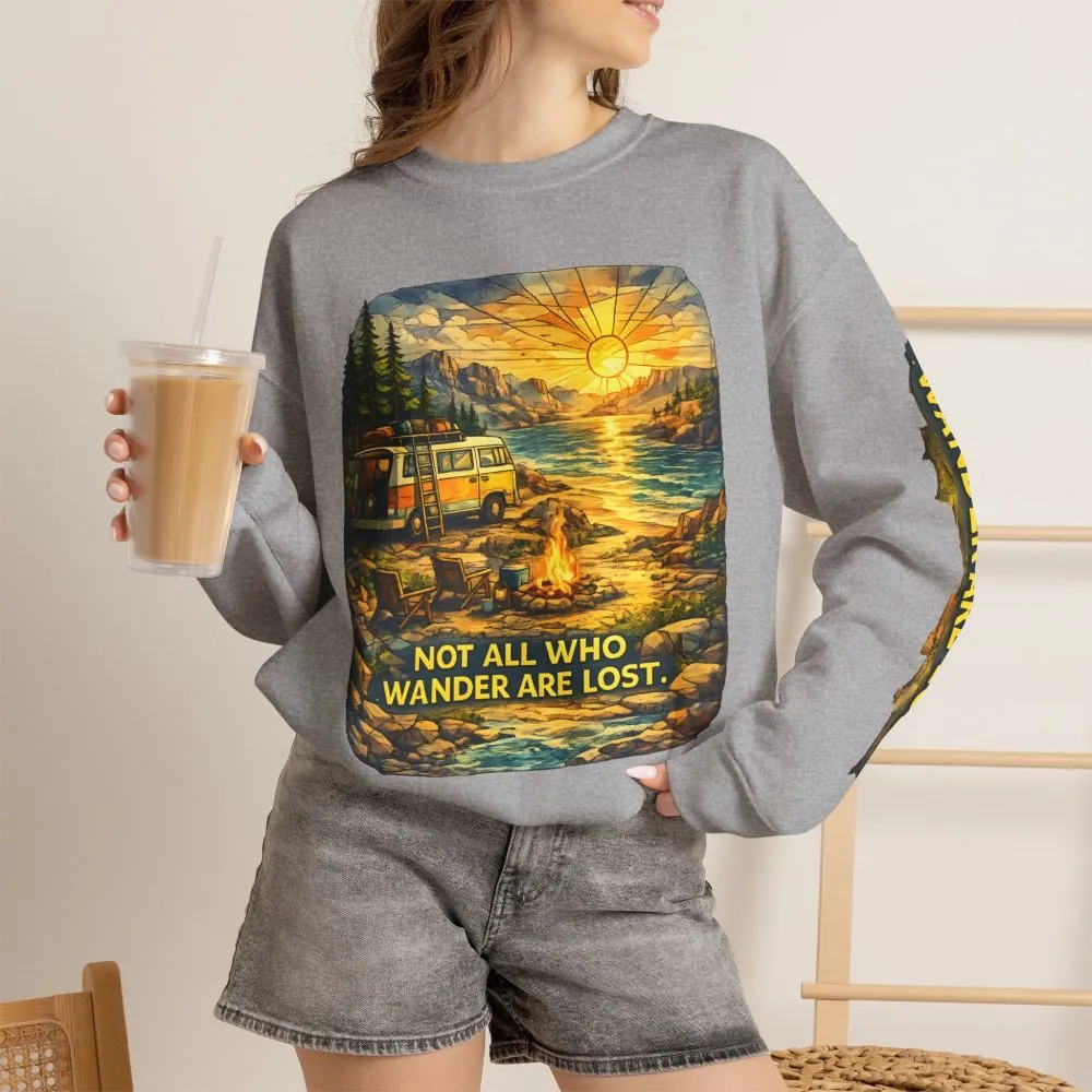 Unisex Heavy Blend™ Crewneck Sweatshirt — "Not All Who Wander Are Lost" Design Cubic-Line