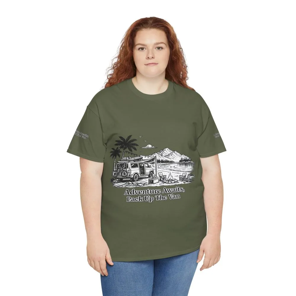 Unisex Heavy Cotton Tee — "Adventure Awaits,Pack Up The Van" Design Minimal-Line