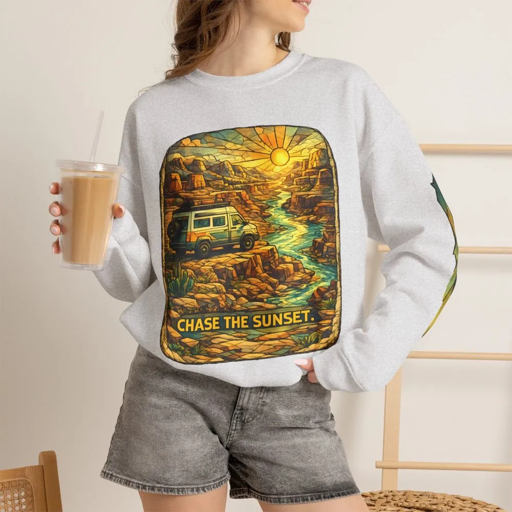Unisex Heavy Blend™ Crewneck Sweatshirt — "Chase The Sunset" Design Cubic-Line