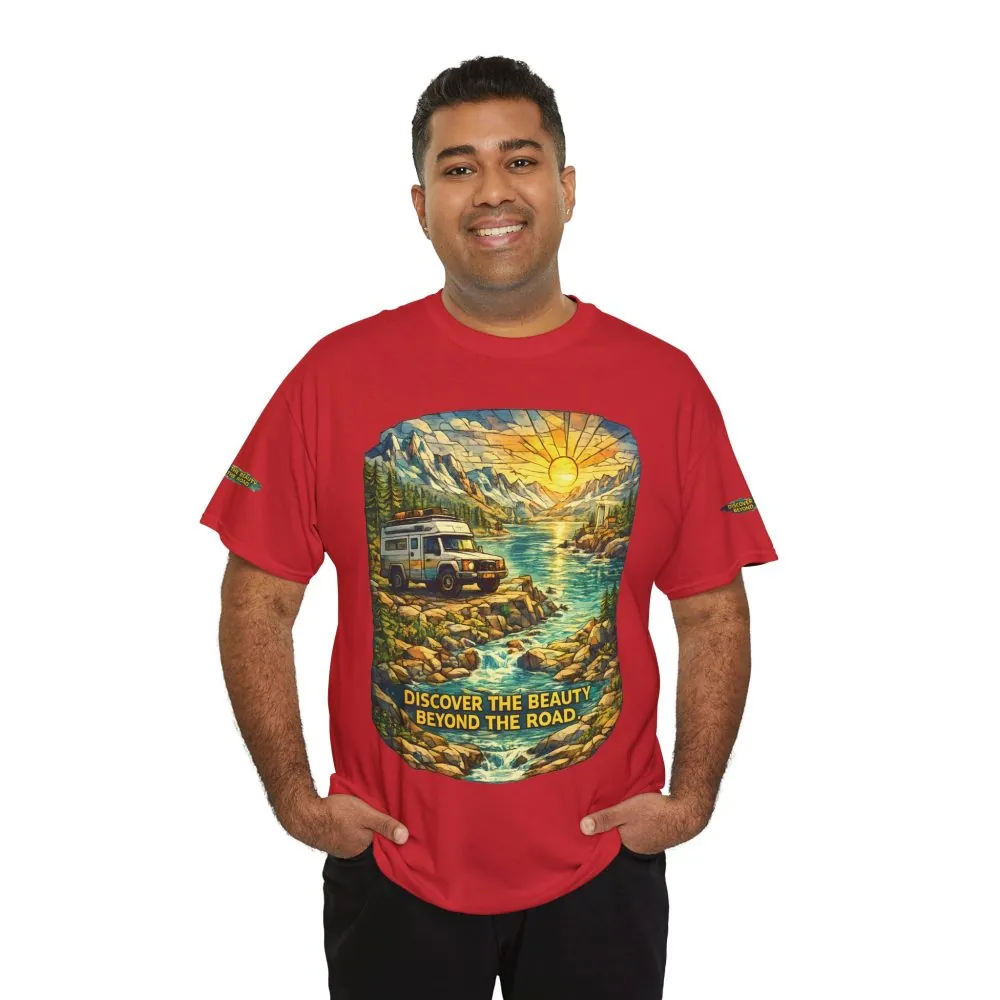 Unisex Heavy Cotton Tee — "Discover The Bieuty Beyond The Road" Design Cubic-Line