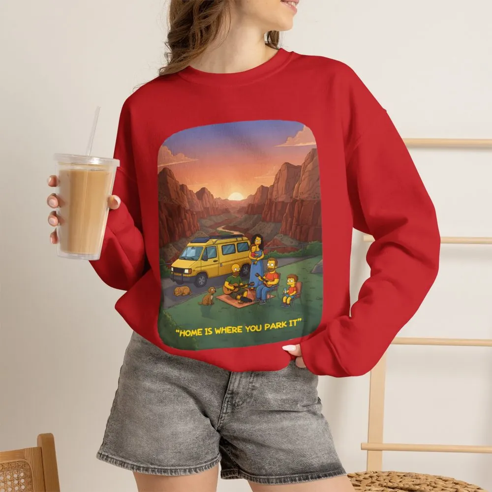 Unisex Heavy Blend™ Crewneck Sweatshirt — "Home Is Where You Park It" Design Sitcom-Line