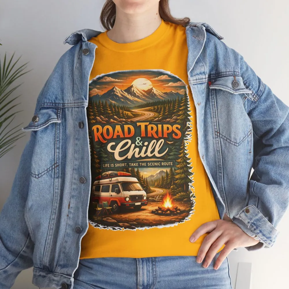 Unisex Heavy Cotton Tee — "Road Trips & Chill" Design Scenic-Line