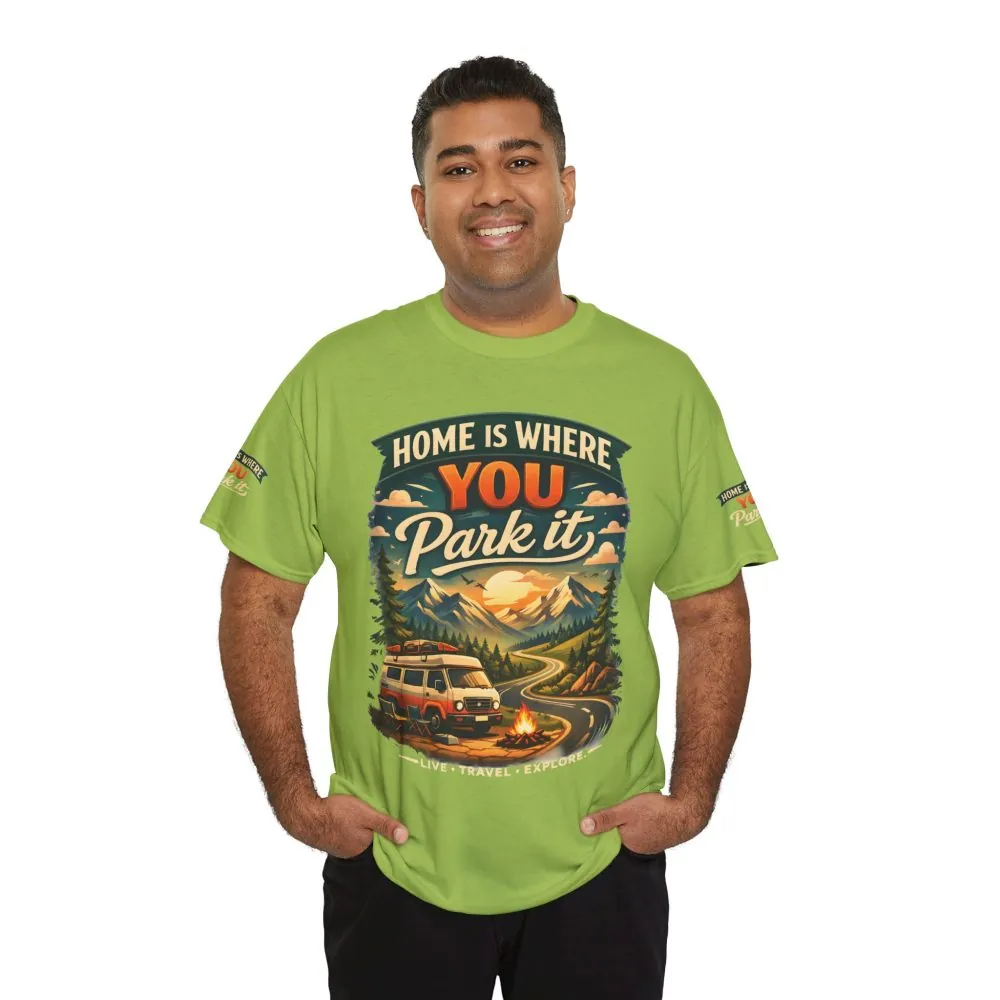 Unisex Heavy Cotton Tee — "Hom Is Where You Park It" Design Scenic-Line
