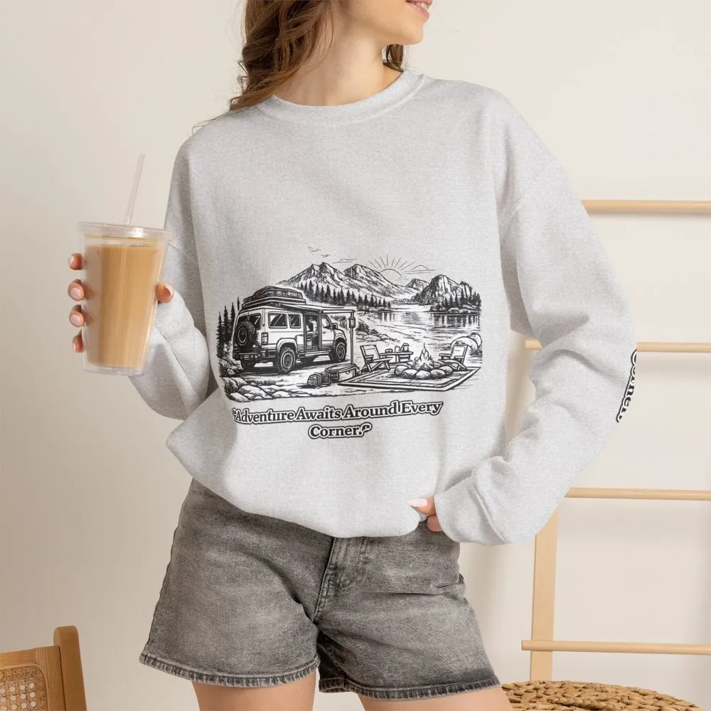 104986097651882800_2048.jpeg Unisex Heavy Blend™ Crewneck Sweatshirt — "Adventure Awaits Around Every Corner" Design Minimal-Line