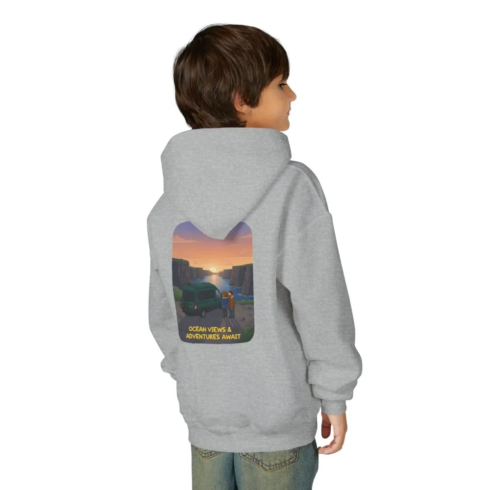 Youth Hoodie(Gildan) – "Ocean Views-Adventures Awaits" (Design Sitcom-Line)