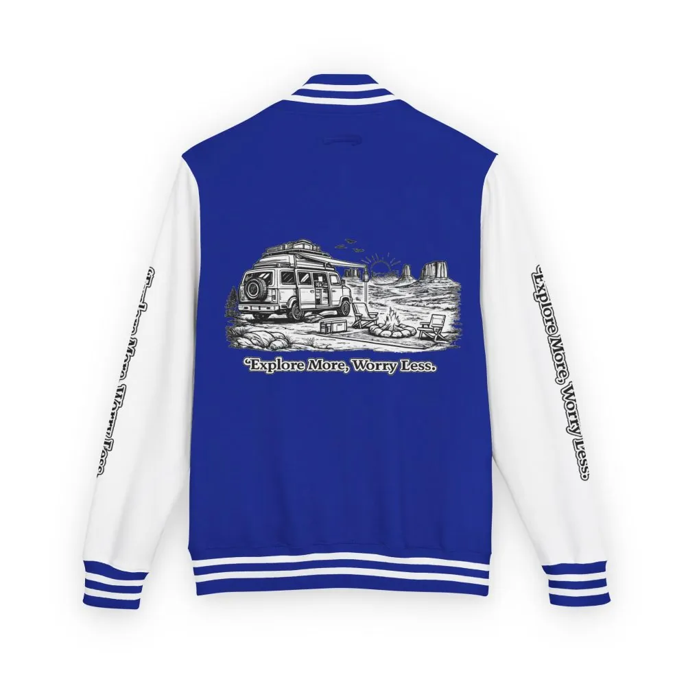 Unisex Heavyweight Letterman Jacket — "Explore More Worry Less" Travel Varsity Coat