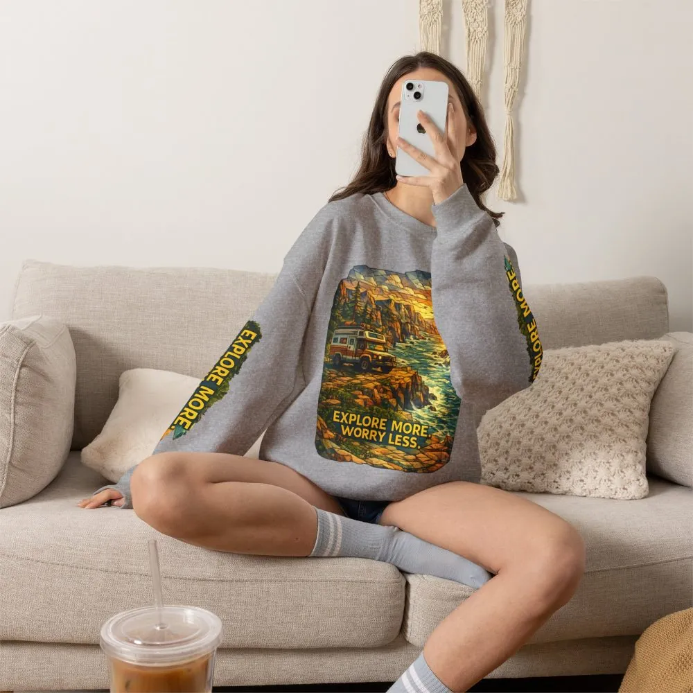 Unisex Heavy Blend™ Crewneck Sweatshirt — "Explore More Worry Less" Design Cubic-Line