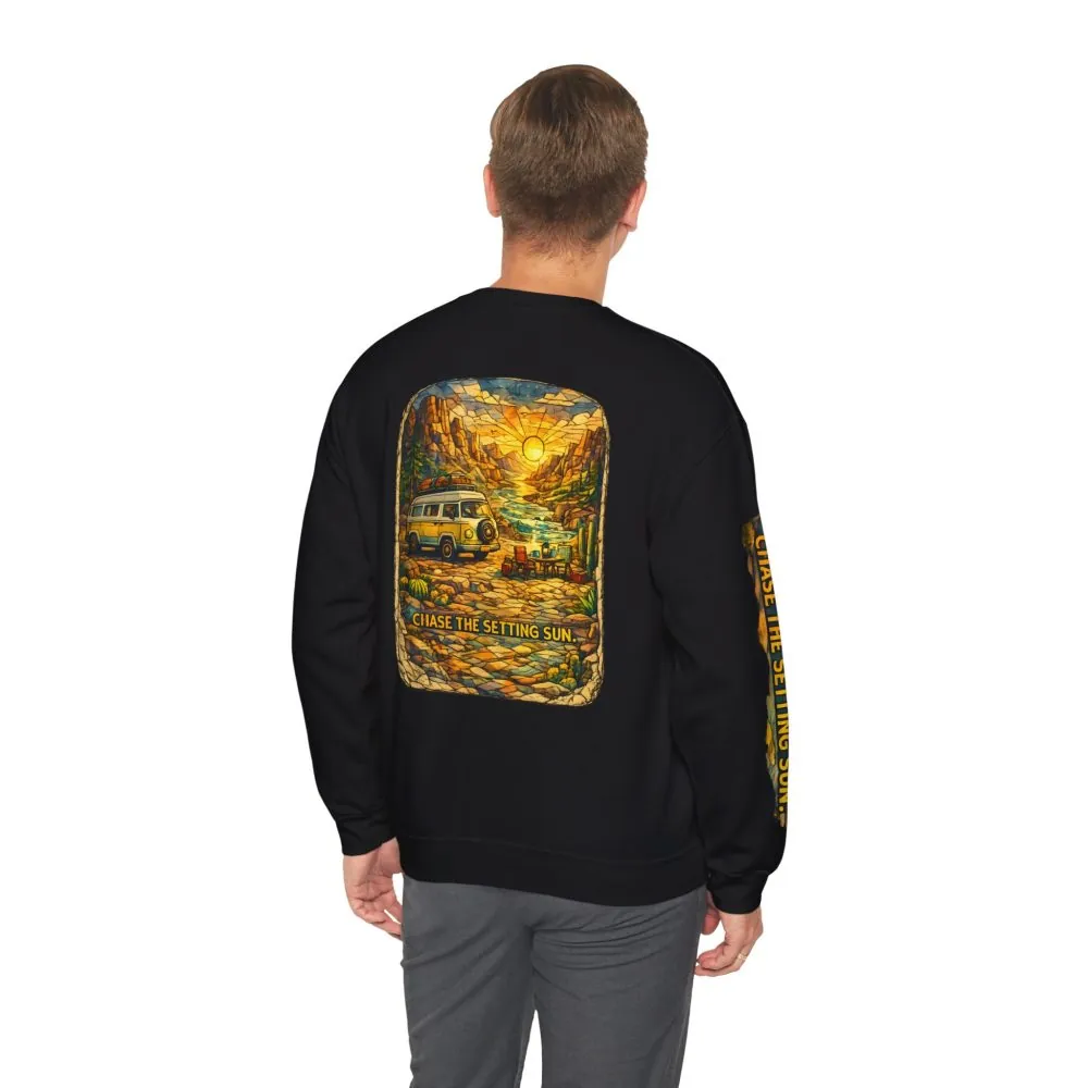 Unisex Heavy Blend™ Crewneck Sweatshirt — "Chase The Settings Sun" Design Cubic-Line