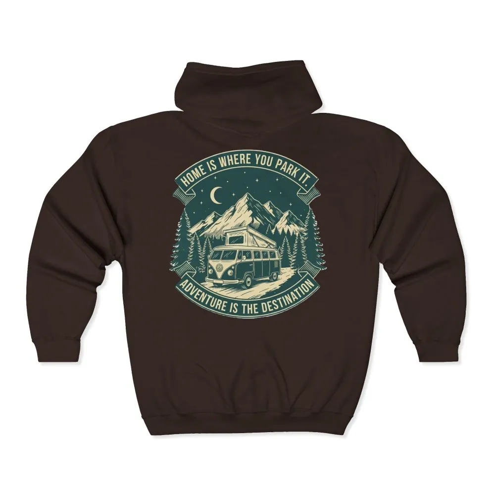 10541381200208186771_2048.jpeg Zip Hoodie — "Home Is Where You Park It-Adventure is the destination"(Front + Back Printed) Camper Van Adventure Zip-Up