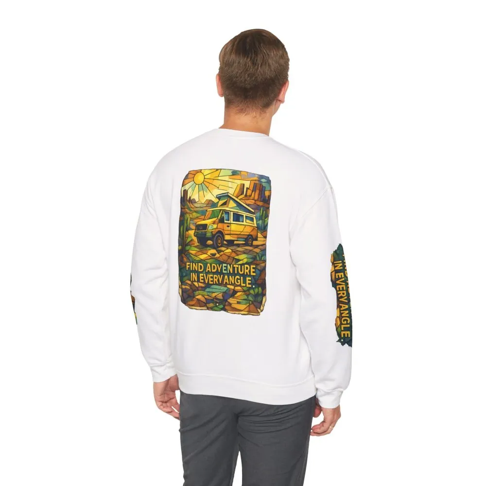 Unisex Heavy Blend™ Crewneck Sweatshirt — "Find Adventure In Every Corner" Design Cubic-Line