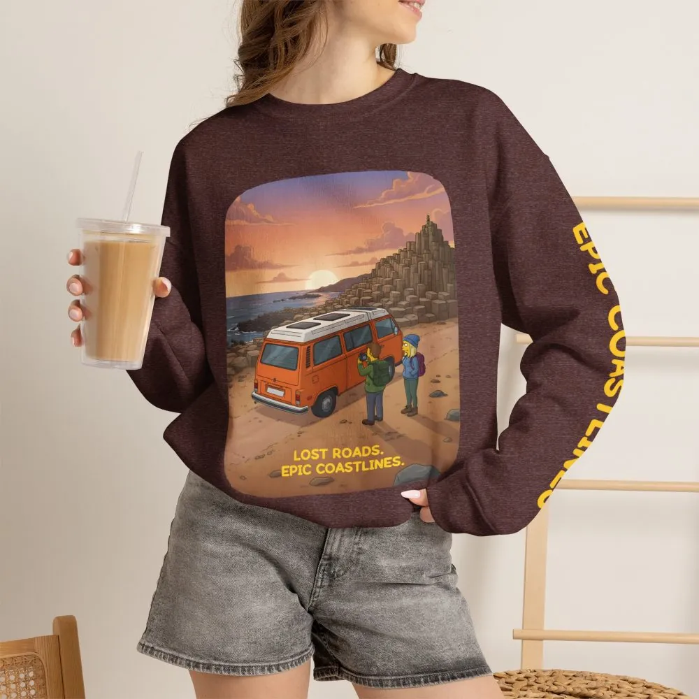 Unisex Heavy Blend™ Crewneck Sweatshirt — "Lost Roads Epic Coastlines" Design Sitcom-Line