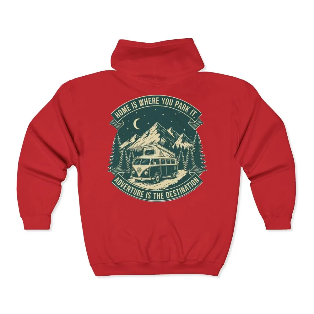 10552467159638422984_2048.jpeg Zip Hoodie — "Home Is Where You Park It-Adventure is the destination"(Front + Back Printed) Camper Van Adventure Zip-Up