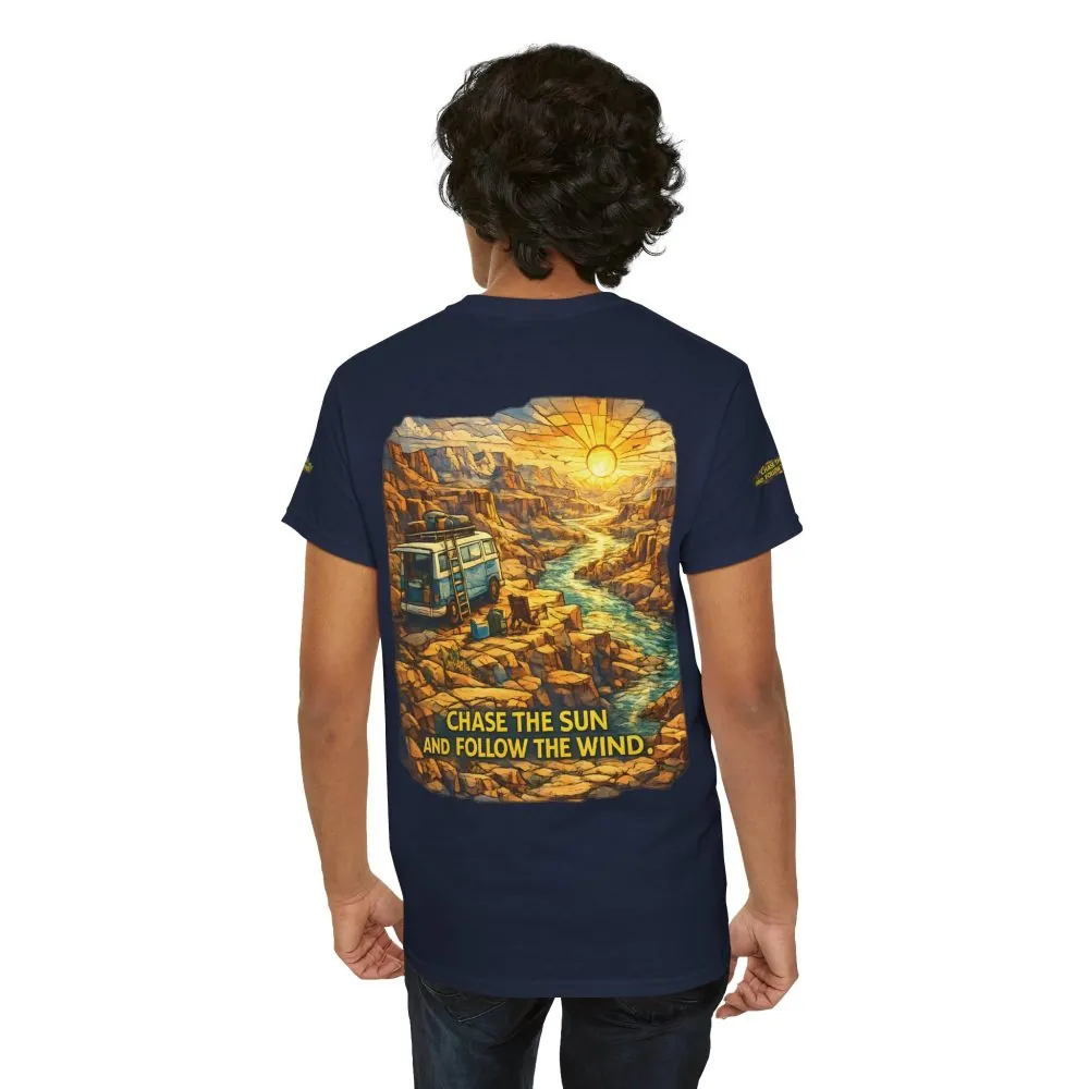 Unisex Heavy Cotton Tee — "Chase The Sun And Follow The Wind" Design Cubic-Line