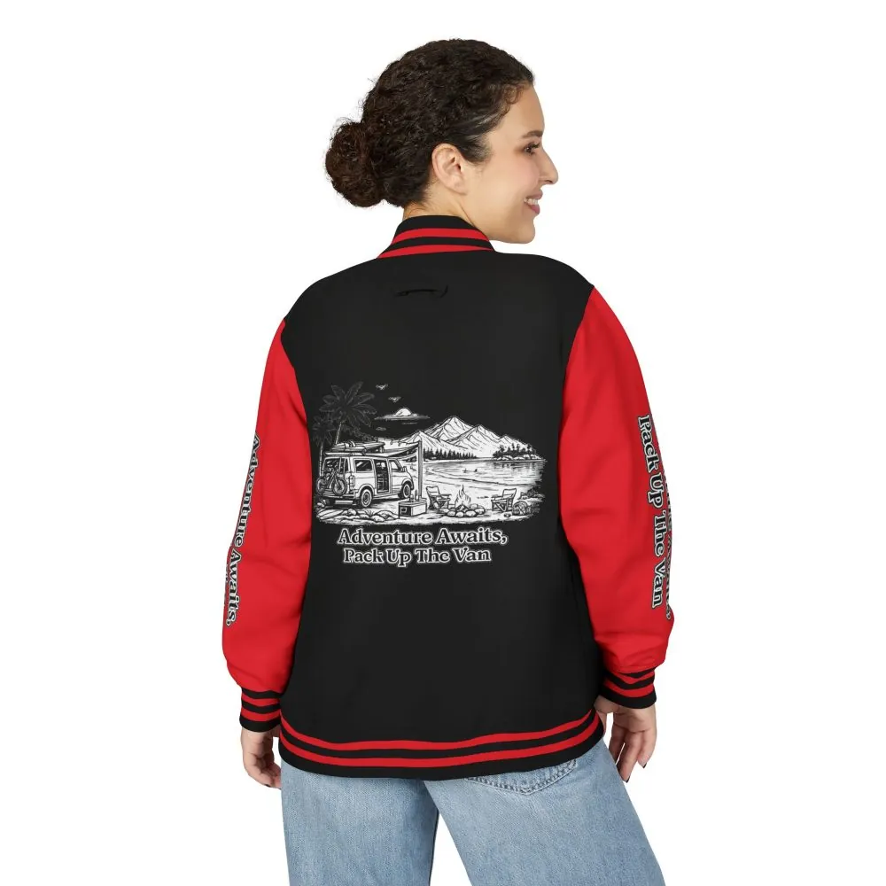 Unisex Heavyweight Letterman Jacket — "Adventure Awaits,Pack Up The Van" Travel Varsity Coat