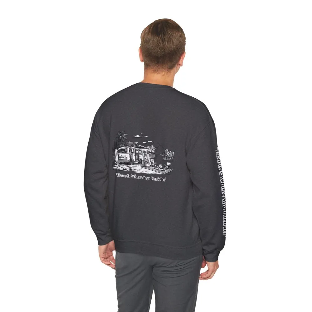 Unisex Heavy Blend™ Crewneck Sweatshirt — "Home Is Where You Park It" Design Minimal-Line