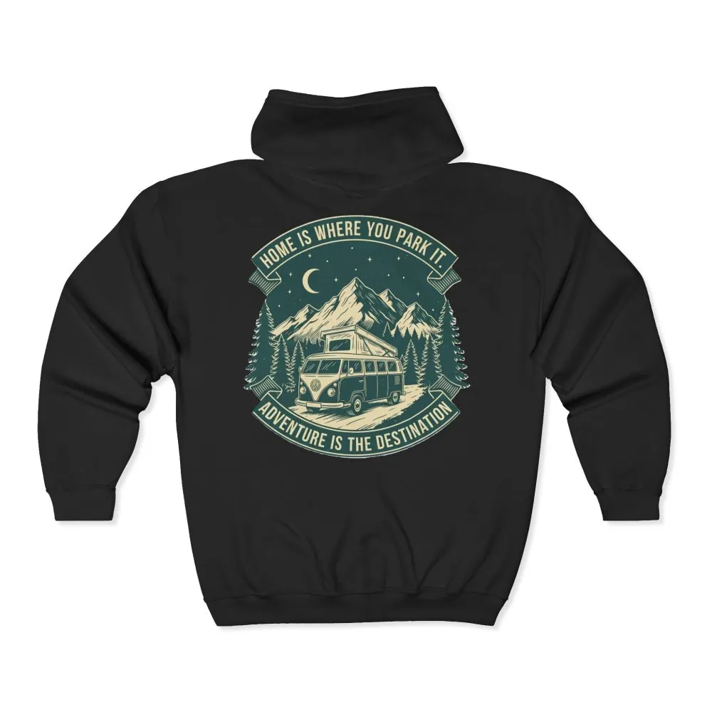 10586441614665222290_2048.jpeg Zip Hoodie — "Home Is Where You Park It-Adventure is the destination"(Front + Back Printed) Camper Van Adventure Zip-Up