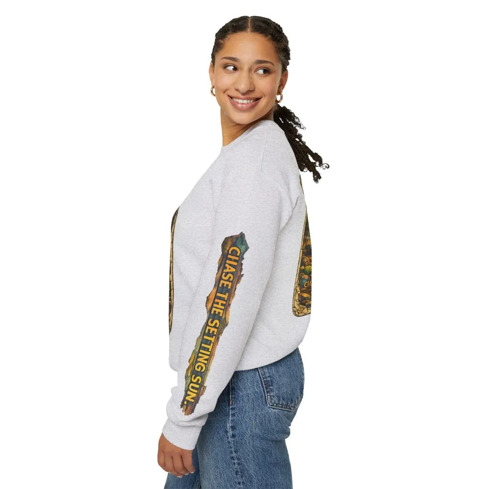 Unisex Heavy Blend™ Crewneck Sweatshirt — "Chase The Settings Sun" Design Cubic-Line