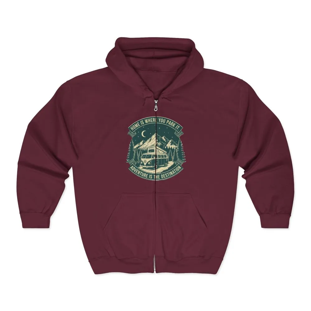 10620706571006549929_2048.jpeg Zip Hoodie — "Home Is Where You Park It-Adventure is the destination"(Front + Back Printed) Camper Van Adventure Zip-Up