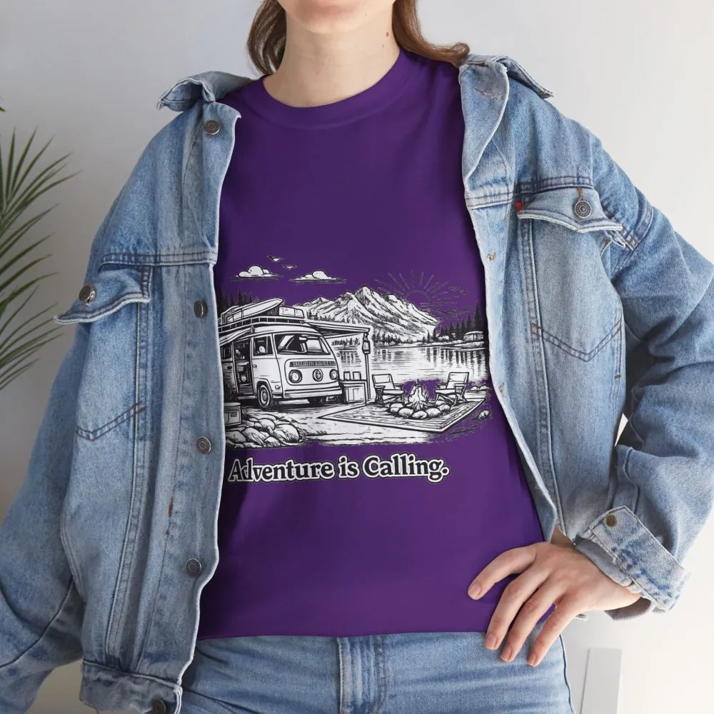 Unisex Heavy Cotton Tee — "Adventure Is Calling" Design Minimal-Line