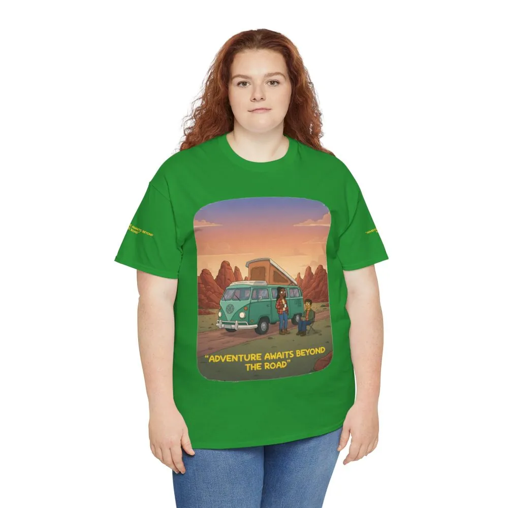 Unisex Heavy Cotton Tee — "Adventure Awaits Beyond The Road" Design Sitcom-Line